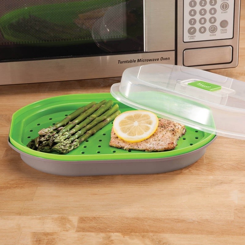 Microwave Steamer Fish Veggies BPA Free Easy Clean Adjustable Vent Quick Meal US gallery