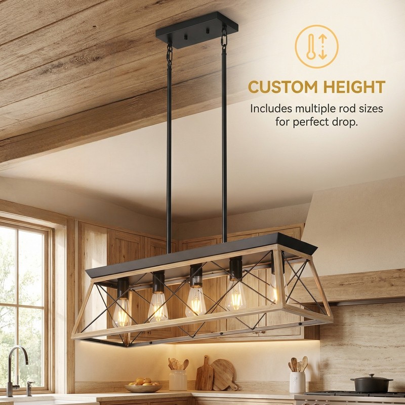 32'' Pendant 5 Light Rustic Farmhouse Chandelier Living Room Oak Metal Fixture gallery