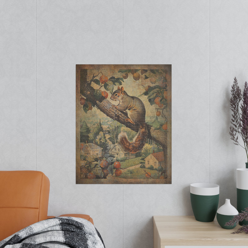 Retro SQUIRREL Fruit Tree Wall Art Poster, Woodland Squirrel Feeder Nature Decor gallery