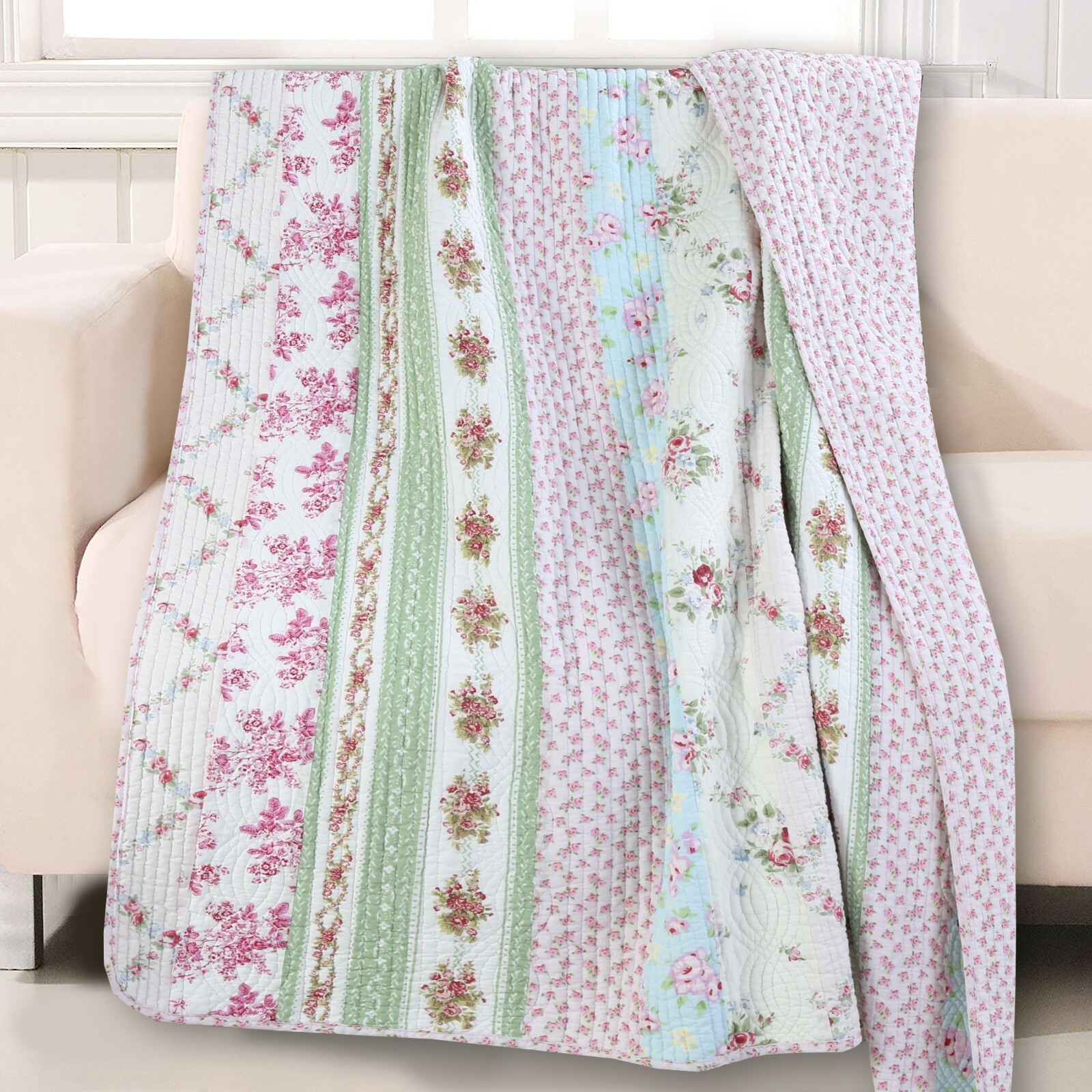 Wild Rose Floral Striped Reversible Cotton Quilted Throw gallery