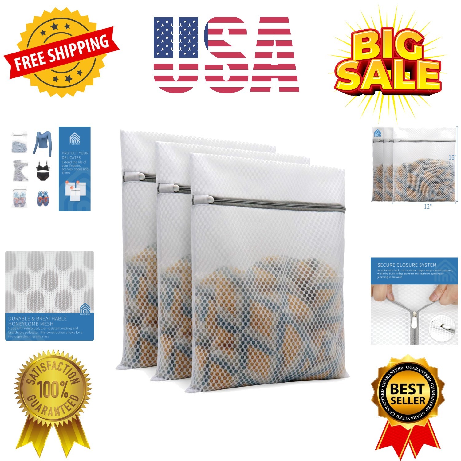 3Pcs Durable Honeycomb Mesh Laundry Bags for Delicates 12 x 16 Inches 3 Medium gallery