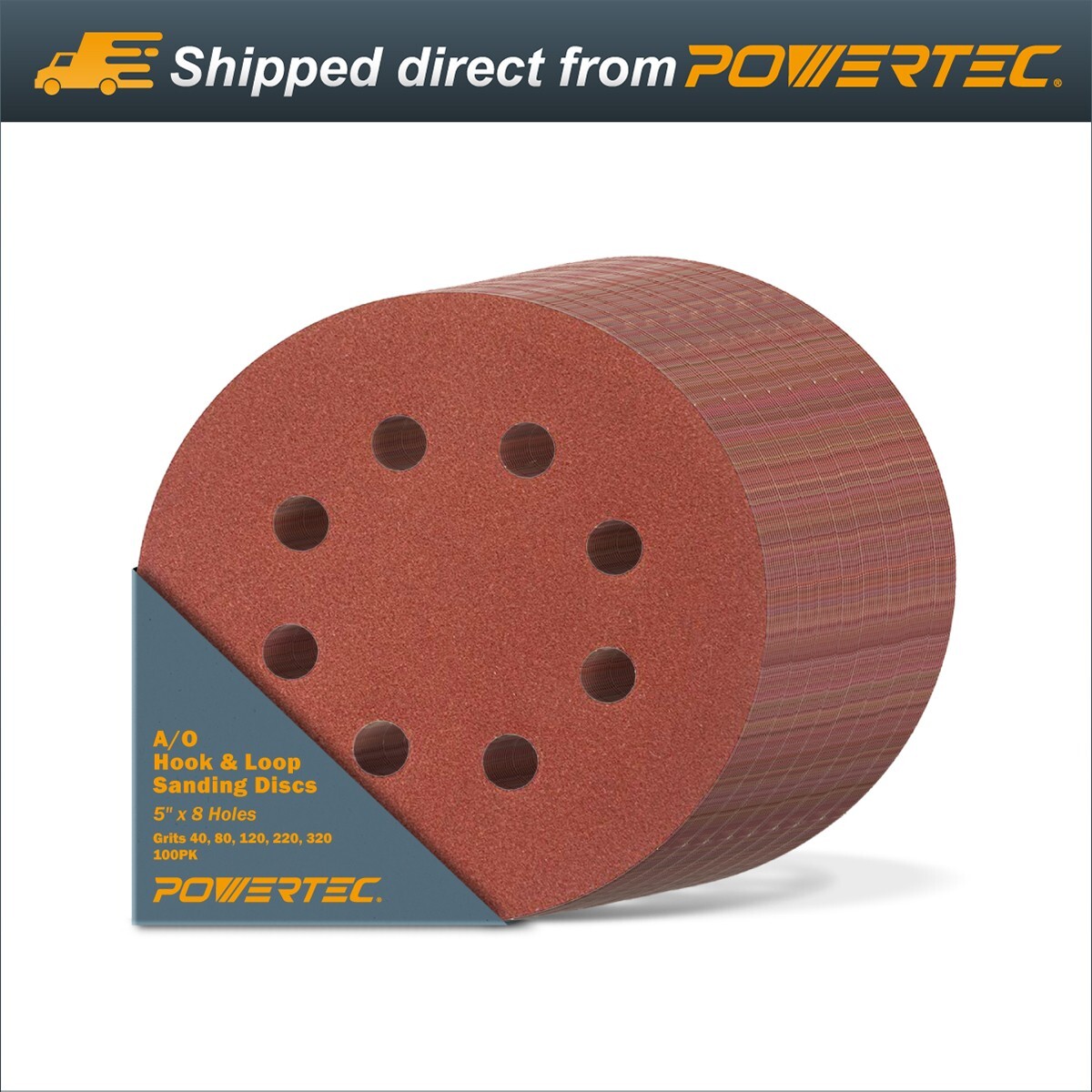POWERTEC 5" A/O Hook & Loop 8 Hole Disc, Grits 40/80/120/220/320 - 100PK (45000) gallery