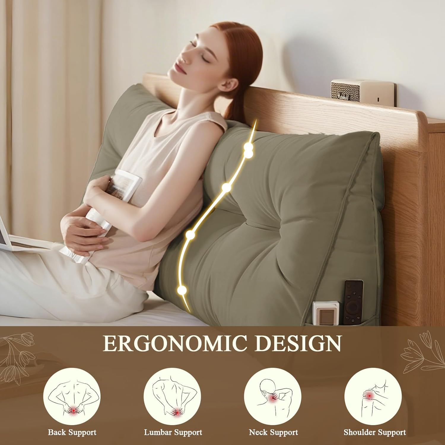 Queen Triangular Wedge Headboard Pillow for Reading & Relaxing - Khaki gallery