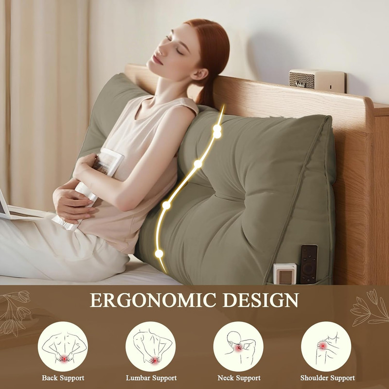 Queen Triangular Wedge Headboard Pillow for Reading & Relaxing - Khaki gallery