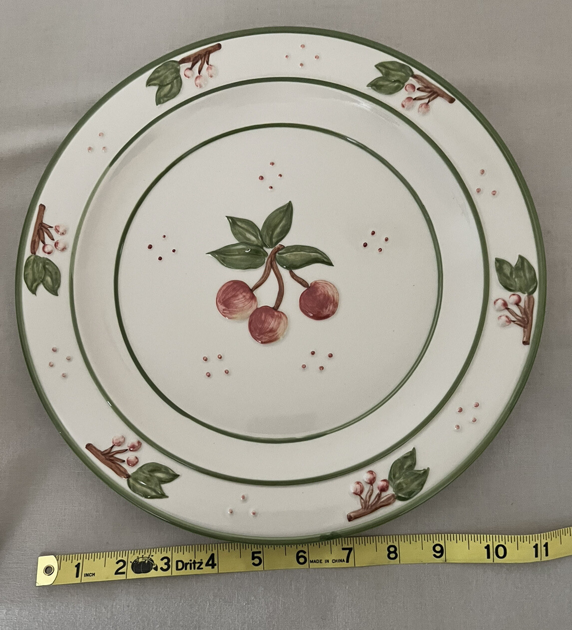 Green and Red Embossed Cherry Patterned 11.5" plate and 8.5" Bowl Set gallery