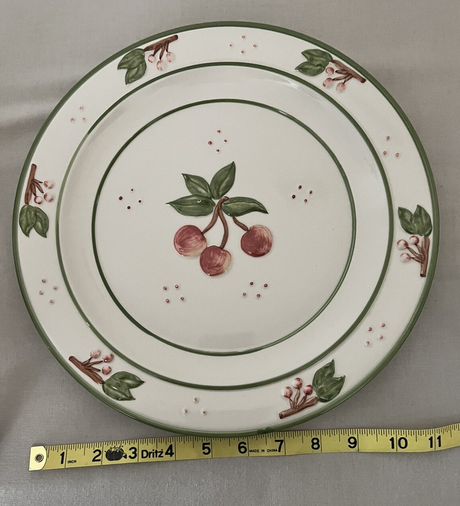 Green and Red Embossed Cherry Patterned 11.5" plate and 8.5" Bowl Set