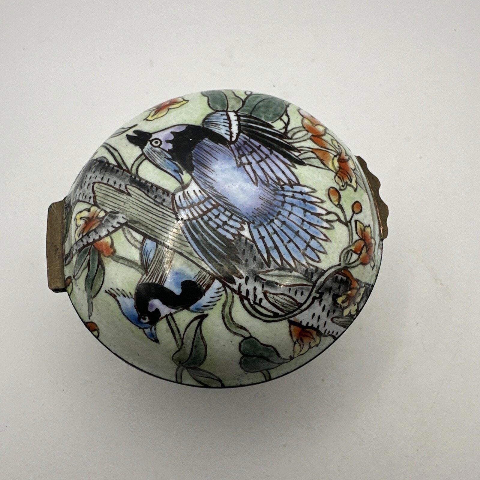 Chinese Canton Enamel Flower Bird Covered Small Trinket Box Decor gallery