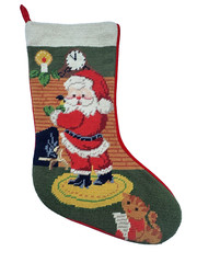Imperial Elegance Wool Embroidered SANTA AND CAT Knit Christmas Stocking VTG