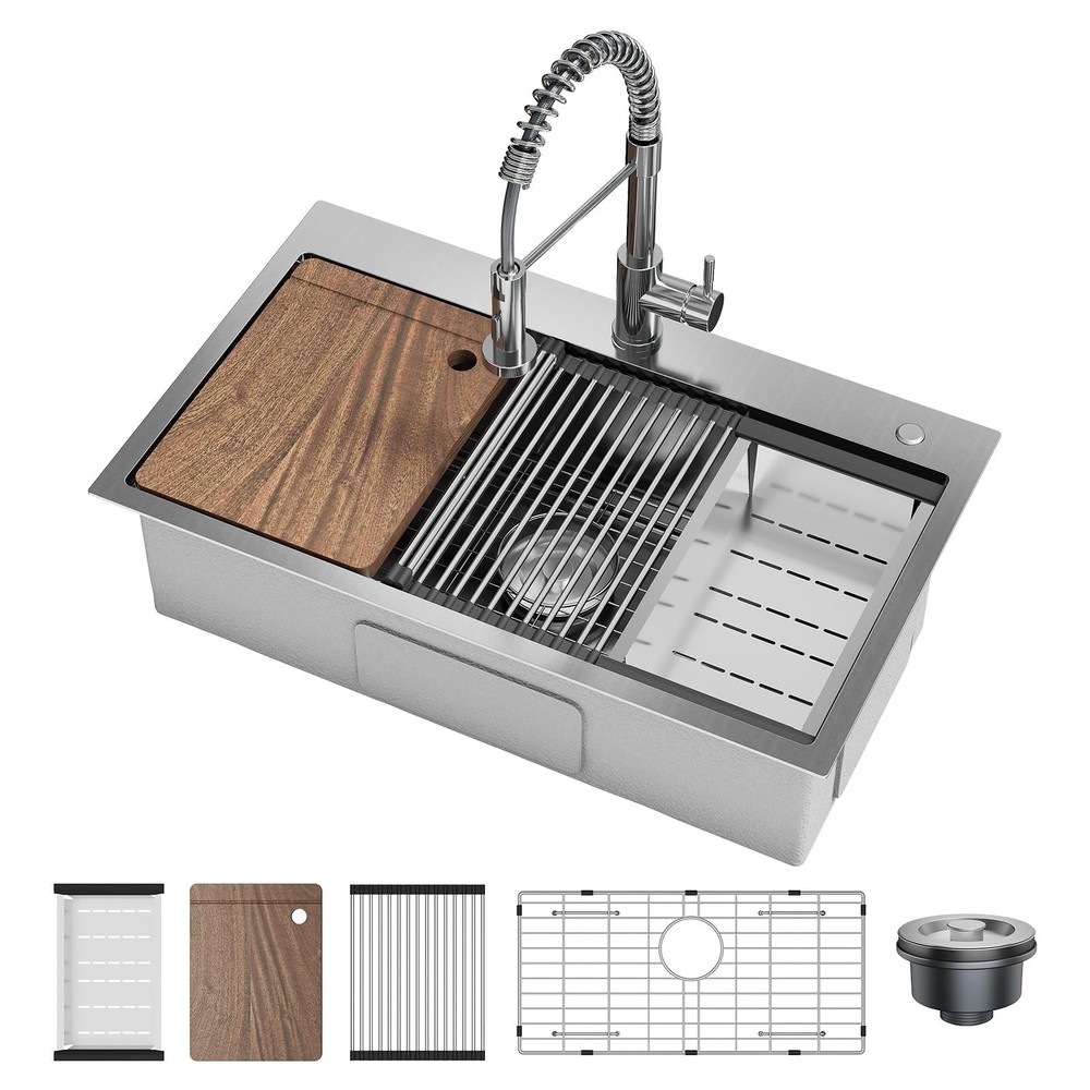 Drop in Kitchen Sink with Pull Down Spring Faucet 30x18x9 Inch Single Bowl