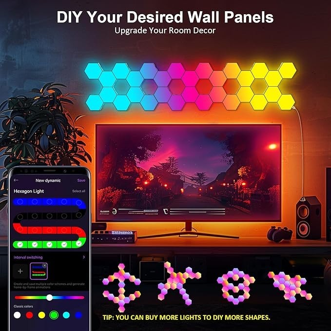 8 pc LED Hexagon Light Wall Panels Smart Sync RGB Remote+App+Wired Music Gaming gallery