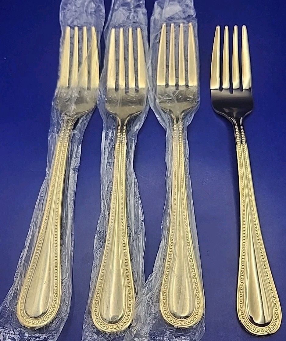 St. James Gold Stainless Salad Fork Set Of 4 Beaded Pattern NEW 18/10. 7. 5in gallery