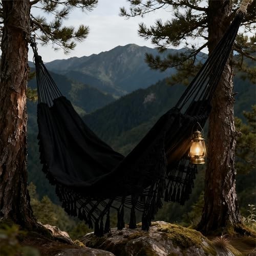 Double Hammock Macrame Boho Cotton with Hanging Ropes 485LBS Capacity Camping gallery