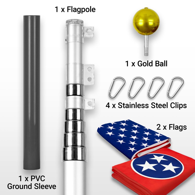 25 Ft Telescoping Flagpole Silver & American and Tennessee Flags Emb 300D 3x5Ft gallery