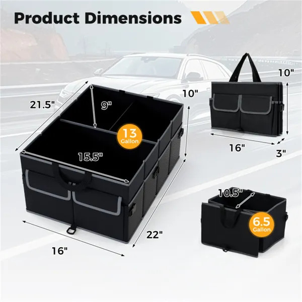 13 Gallon Car Trunk Organizer - 3 Compartments+6 Pockets, 600D Oxford Fabric, No gallery