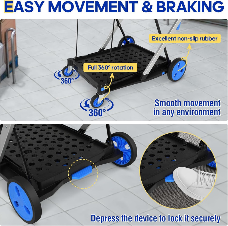 Multifunctional Folding Cart with Wheels,Two Layers Collapsible Utility Cart for gallery