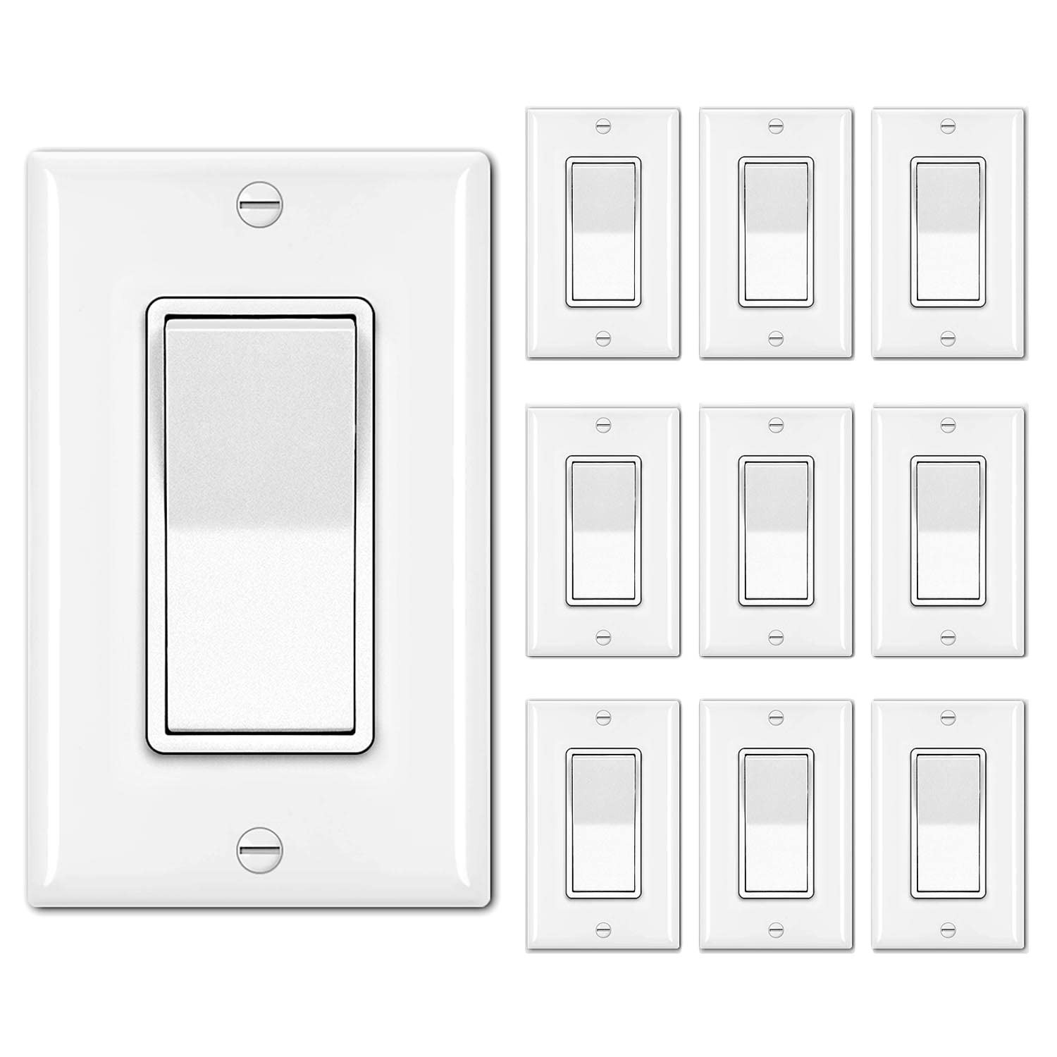 10 Pack Single Pole Decorator Light Switch with Wallplate, 15A 120/277V, Rocker gallery