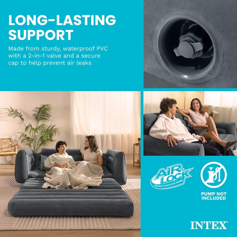 Intex Inflatable Pull-Out Sofa: Velvety Surface, 2-in-1 Queen Sofa, Grey gallery