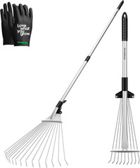 2-Piece Leaf Rake Set – Adjustable Garden/Camping Rake with 15/9 Tines, Collapsi