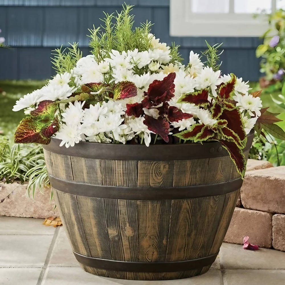 Whiskey Barrel Brown 100% Recycled Resin Planter, 19.9in x 19.9in x 13in gallery