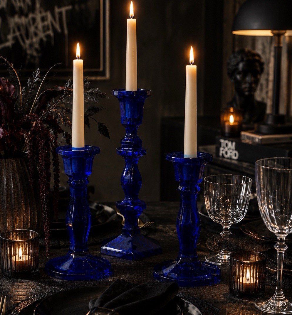 Blue Glass Pedestal Candlestick Holders Set of 3 for Taper Candles gallery