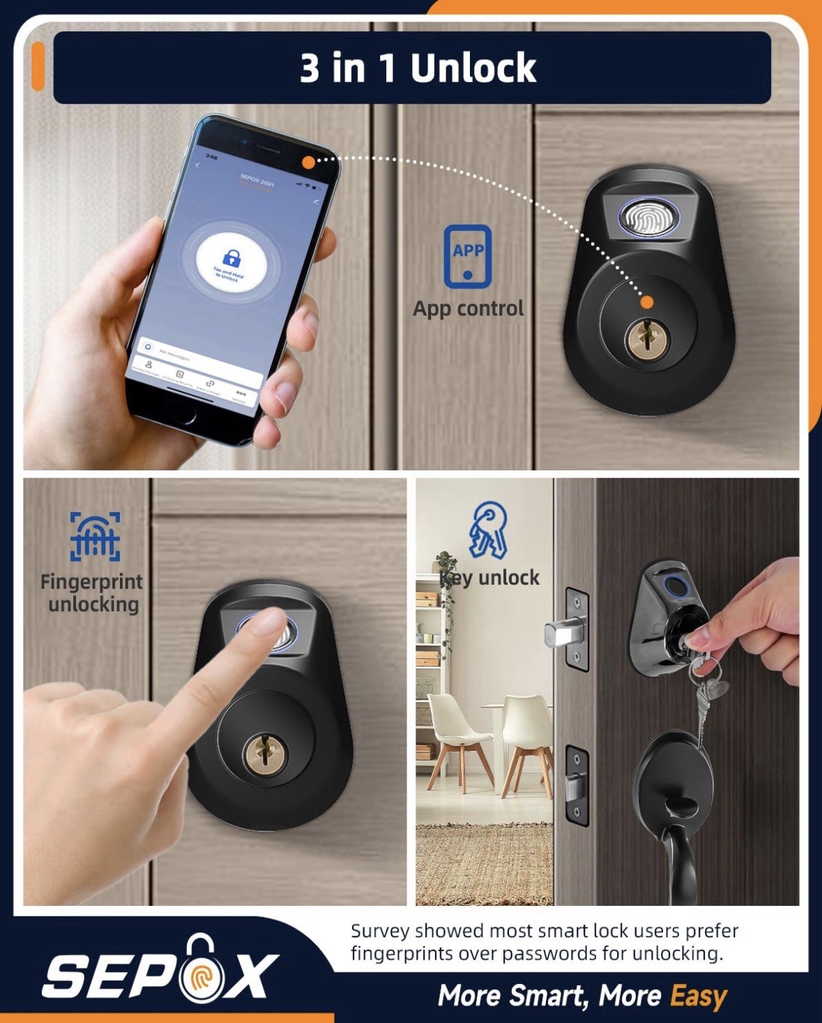 SEPOX Fingerprint Smart Door Lock, App Compatible, Auto Relocking, 2 Keys, Black gallery