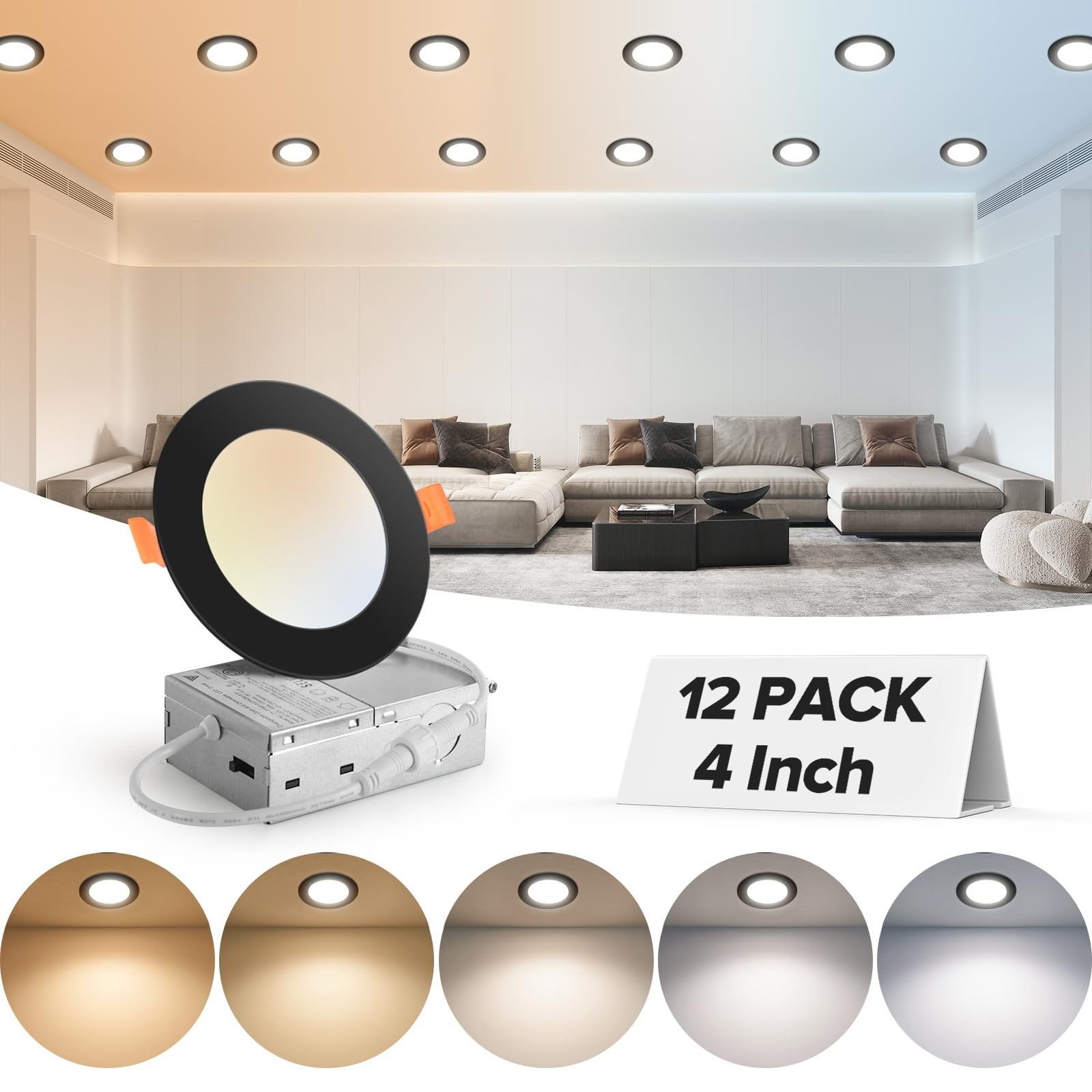 12 Pack 4" Ultra-Thin Dimmable LED Recessed Ceiling Lights, 5CCT, 810LM, Canless gallery