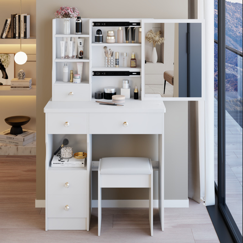 29.2" Small Space Left Drawer Desktop Vanity Table + Cushioned Stool gallery