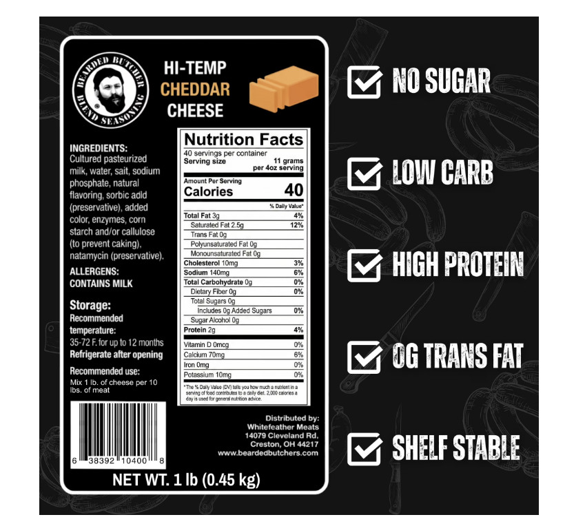 Bearded Butchers High Temp Cheddar Cheese, 1 lb, Cubes for Sausage , Burgers. gallery