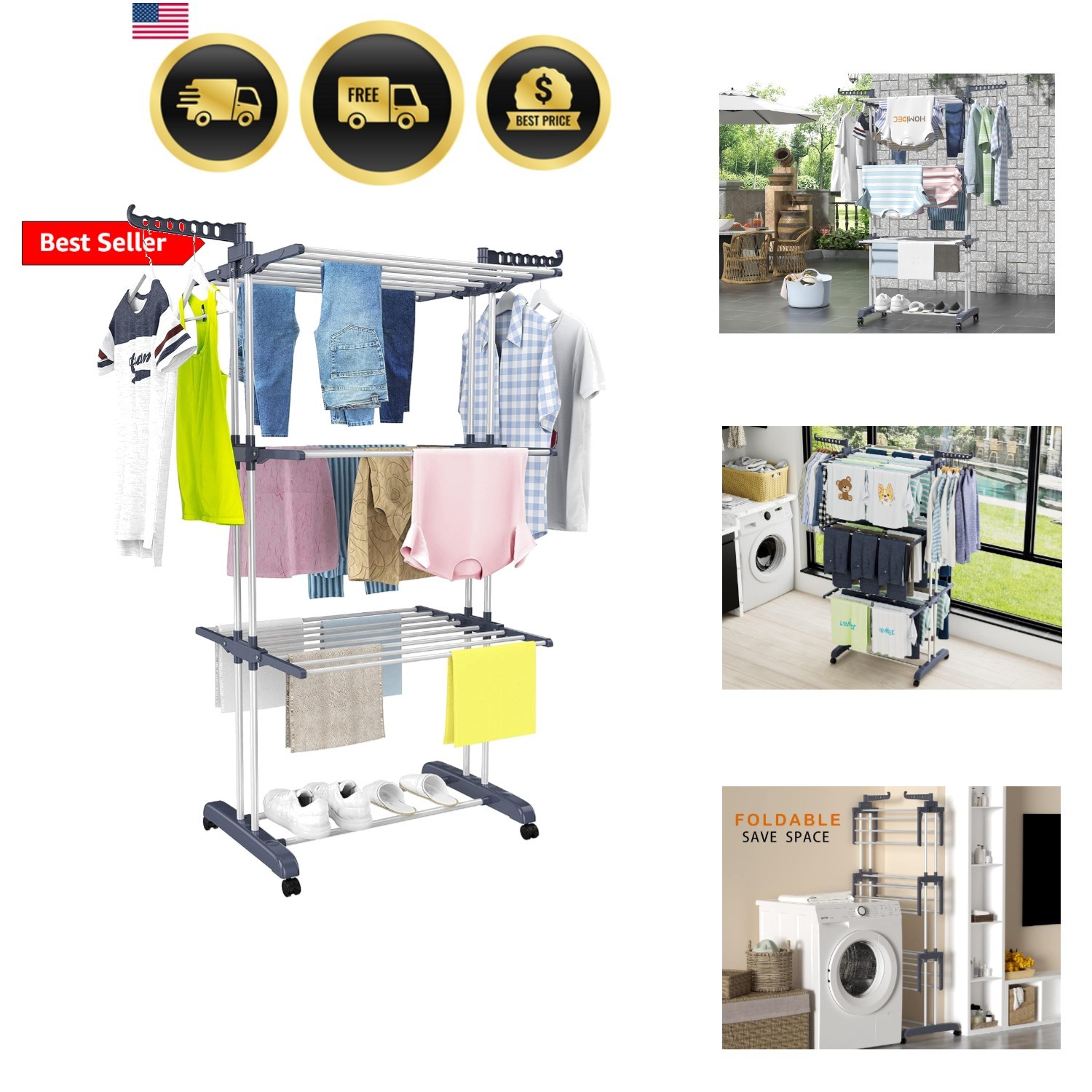 Clothes Drying Rack, Oversized 4-Tier67.7" High Foldable Stainless Steel Dryi... gallery