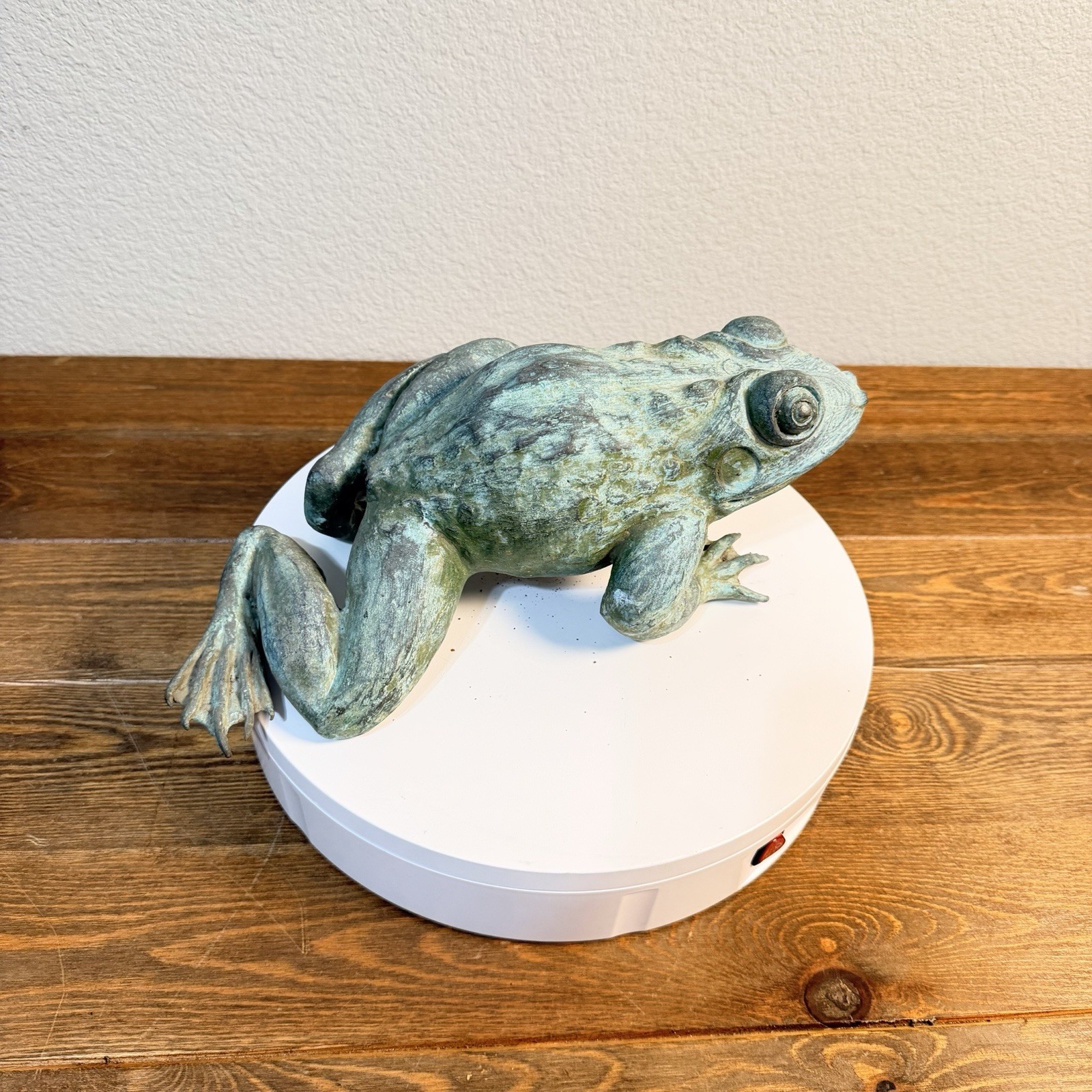 Heavy Bronze Statue Croaking Frog in Green Patina for water fountain feature 12" gallery