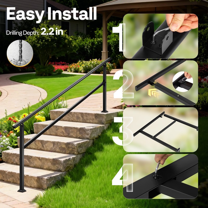 2-Pack 6 Step Hand Rails for Outdoor Steps Wrought Iron Railing for Porch Deck gallery