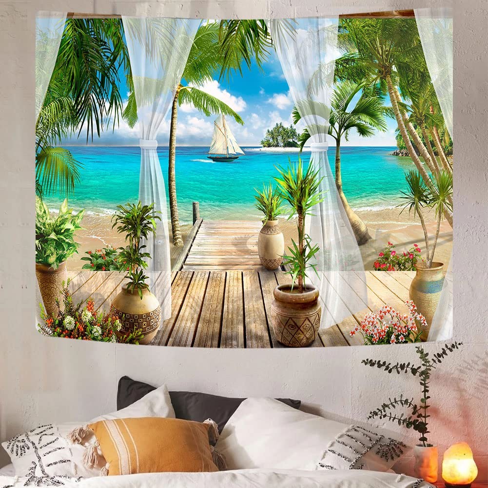 Ocean Beach Tapestry, Nature Coconut Palm Tree Garden 60"L x 40"W, gallery