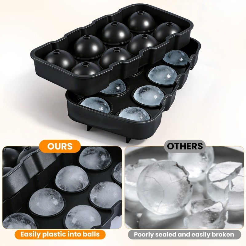 Black Round Silicon Ice Cube Ball Maker Tray 8 Large Sphere Molds Bar w/ Funnel gallery