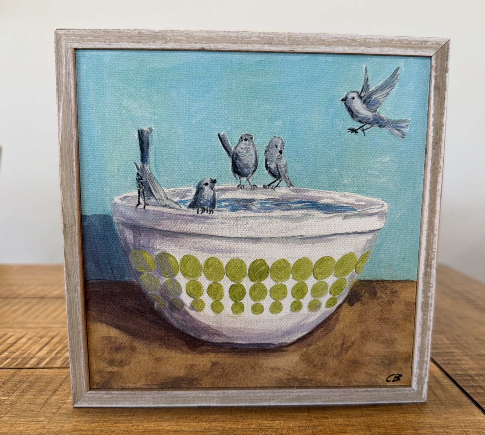 Bushtits Pyrex Birdbath - Handmade Wooden Art Plaque gallery