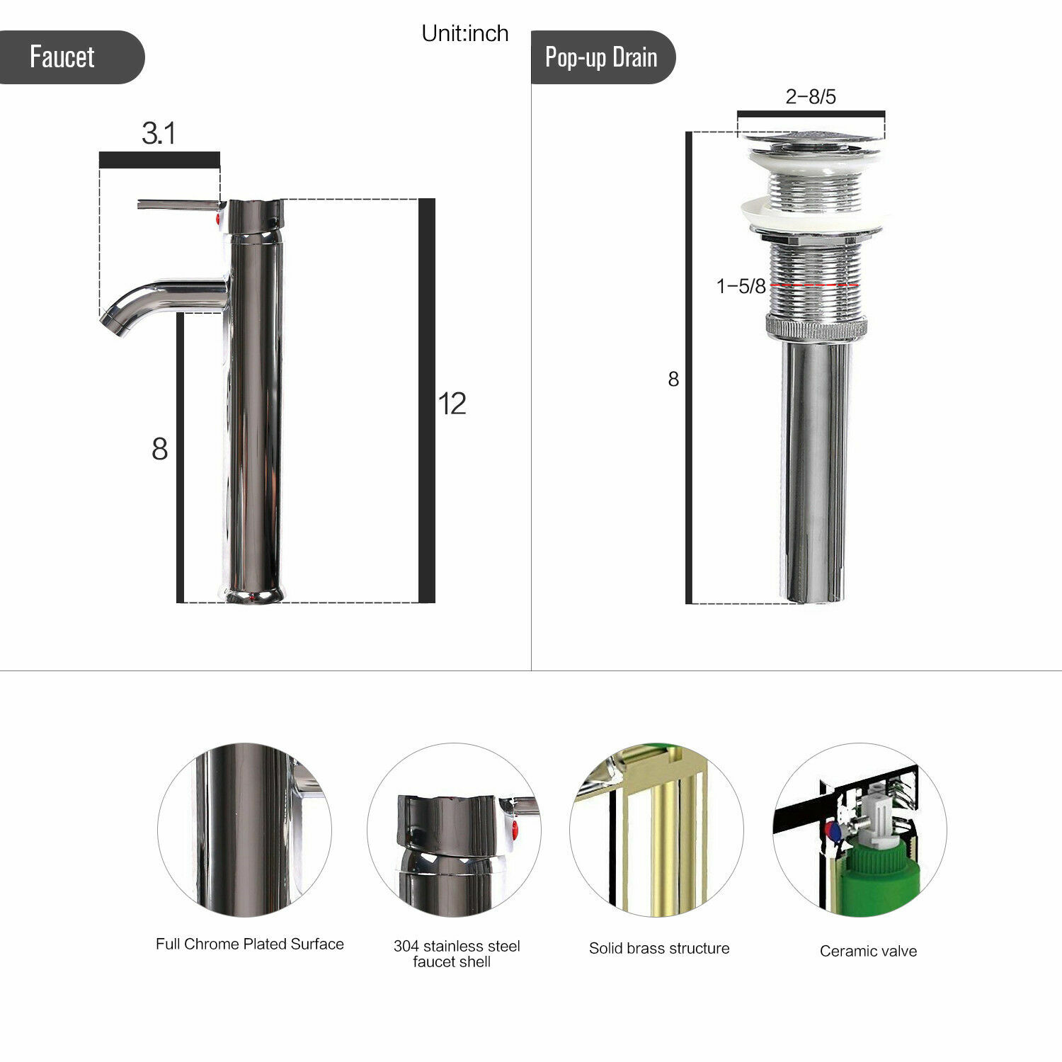Bathroom Vessel Sink Faucet Combo Vanity Basin Bowl Pop up Drain Ceramic Glass gallery