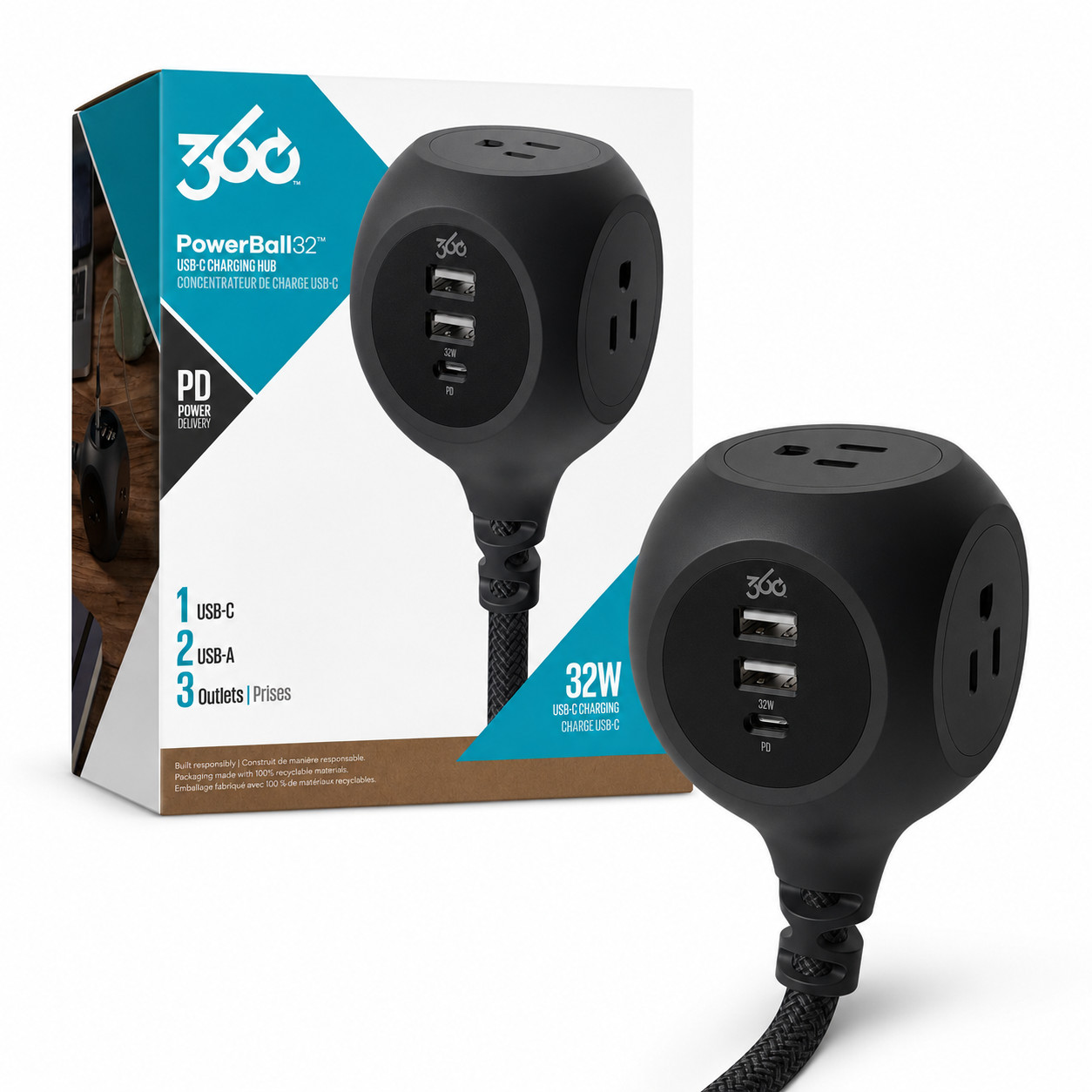 360 Electrical PowerBall32 32W Power Strip with 3 AC Outlets + 1 USB-C + 2 USB-A gallery