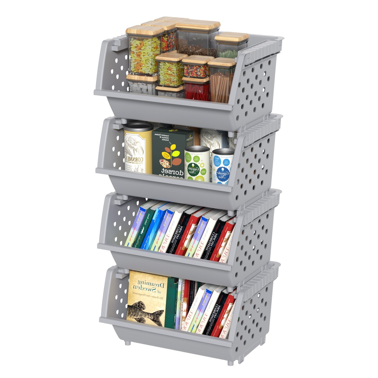 Kekow 4-Pack Stackable Storage Bins for Pantry Plastic Organizing Basket Gray gallery