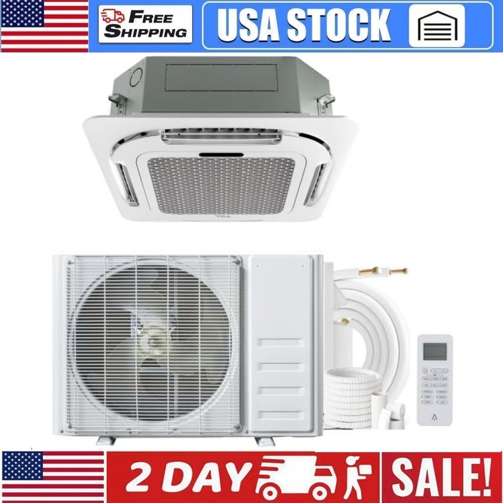 ✅24000 BTU Ceiling Cassette Mini Split AC 8-way 360° Airflow Cooling & Heating