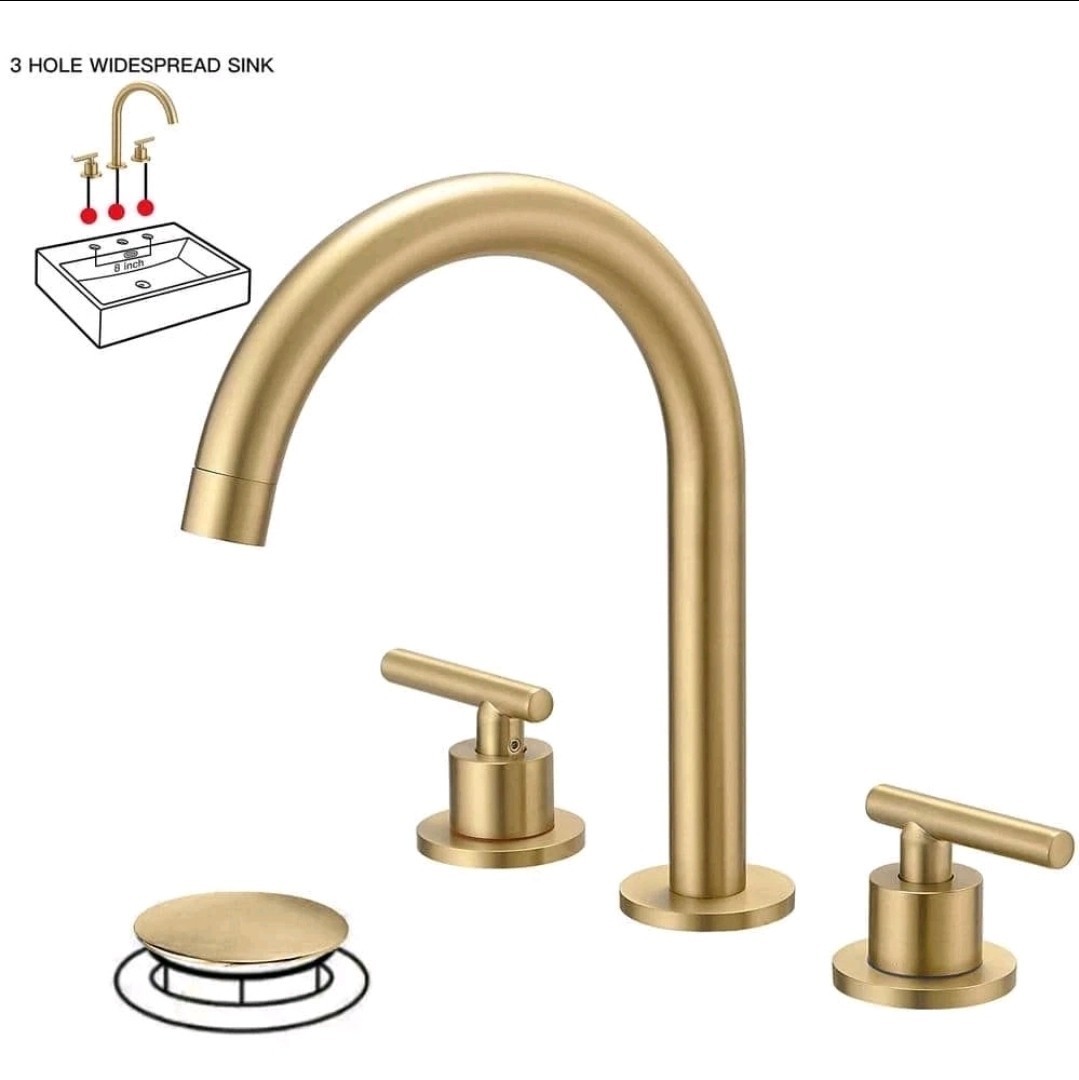 BWE Widespread Double Handle High-Arc Bathroom Faucet w/ Drain Kit Brushed Gold gallery