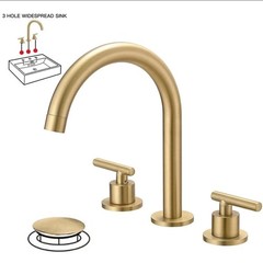 BWE Widespread Double Handle High-Arc Bathroom Faucet w/ Drain Kit Brushed Gold