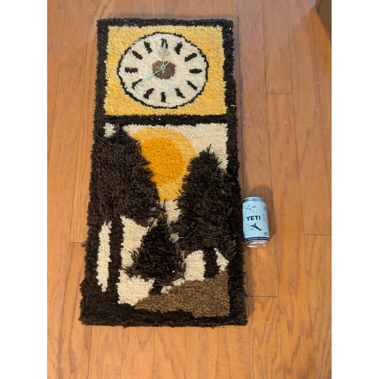 19 70s Latch Hook Rug Wall Clock Shag Fiber Art Landscape Sun Trees 34 x 16 In gallery