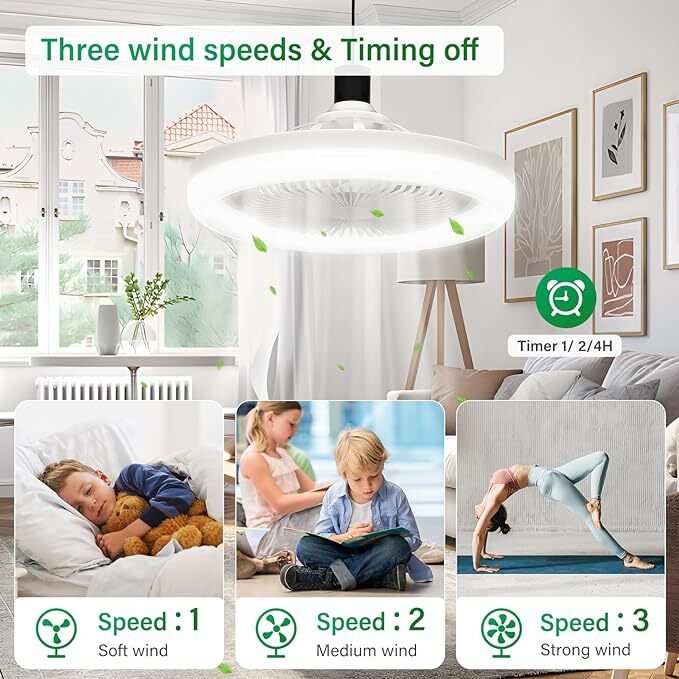 E27 Socket Light With Remote, Ceiling Fan Adjustable Smart LED Fan 3 Windshields gallery