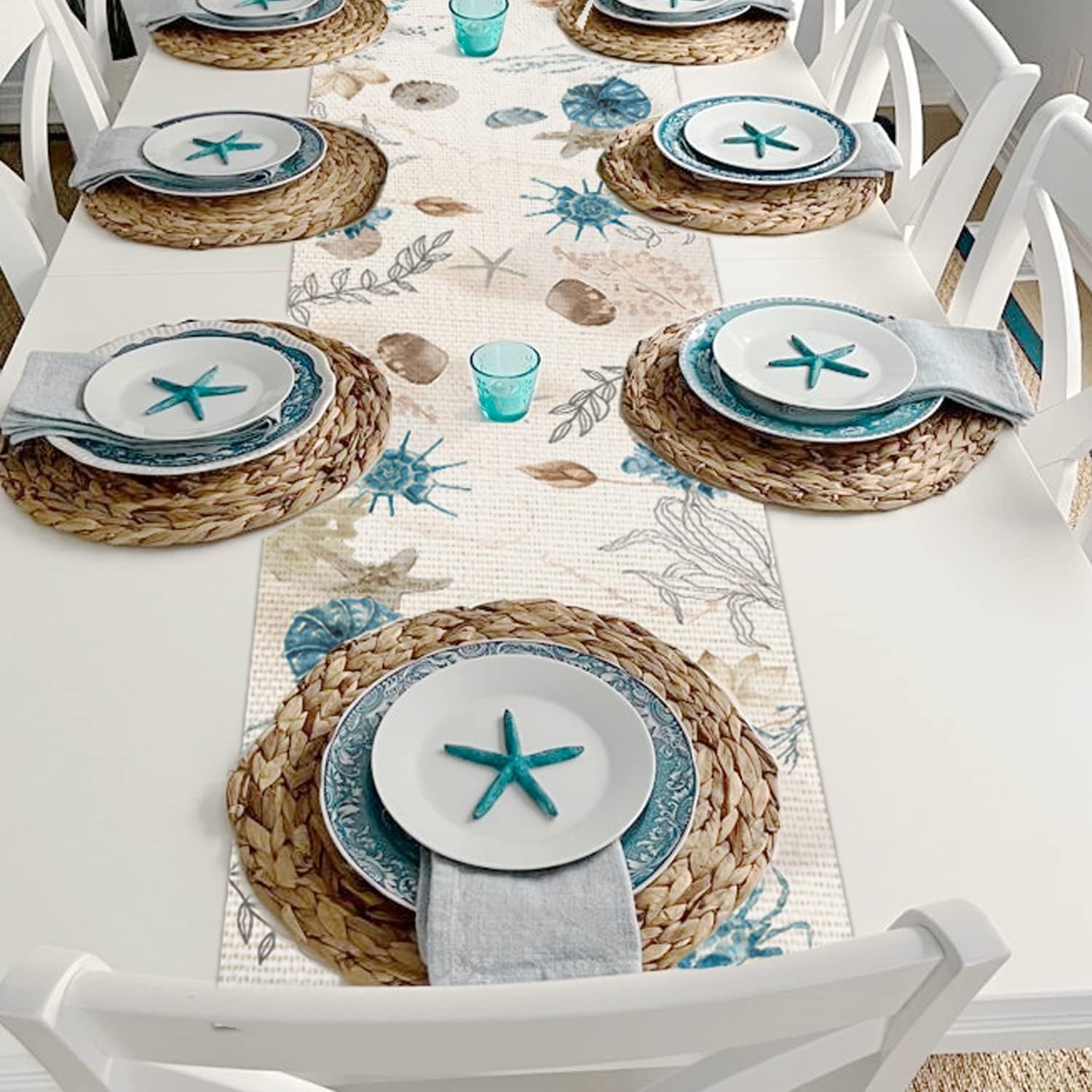 Blue Beach Table Runner Tropical Ocean Coastal Table Runners Seashell Burlap gallery