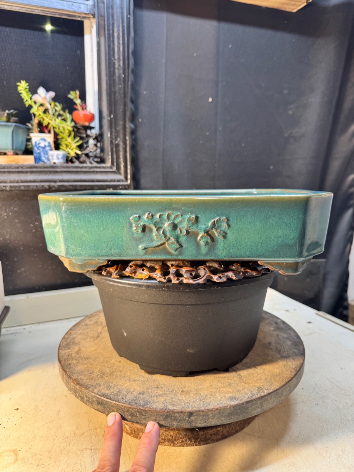 Bonsai pot Tokoname Rectangle Shape glazed. Yamaaki gallery