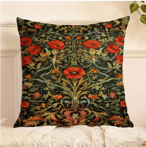 THROW PILLOW COVER- William Morris Theme Floral Artwork, Double-Sided 18x18