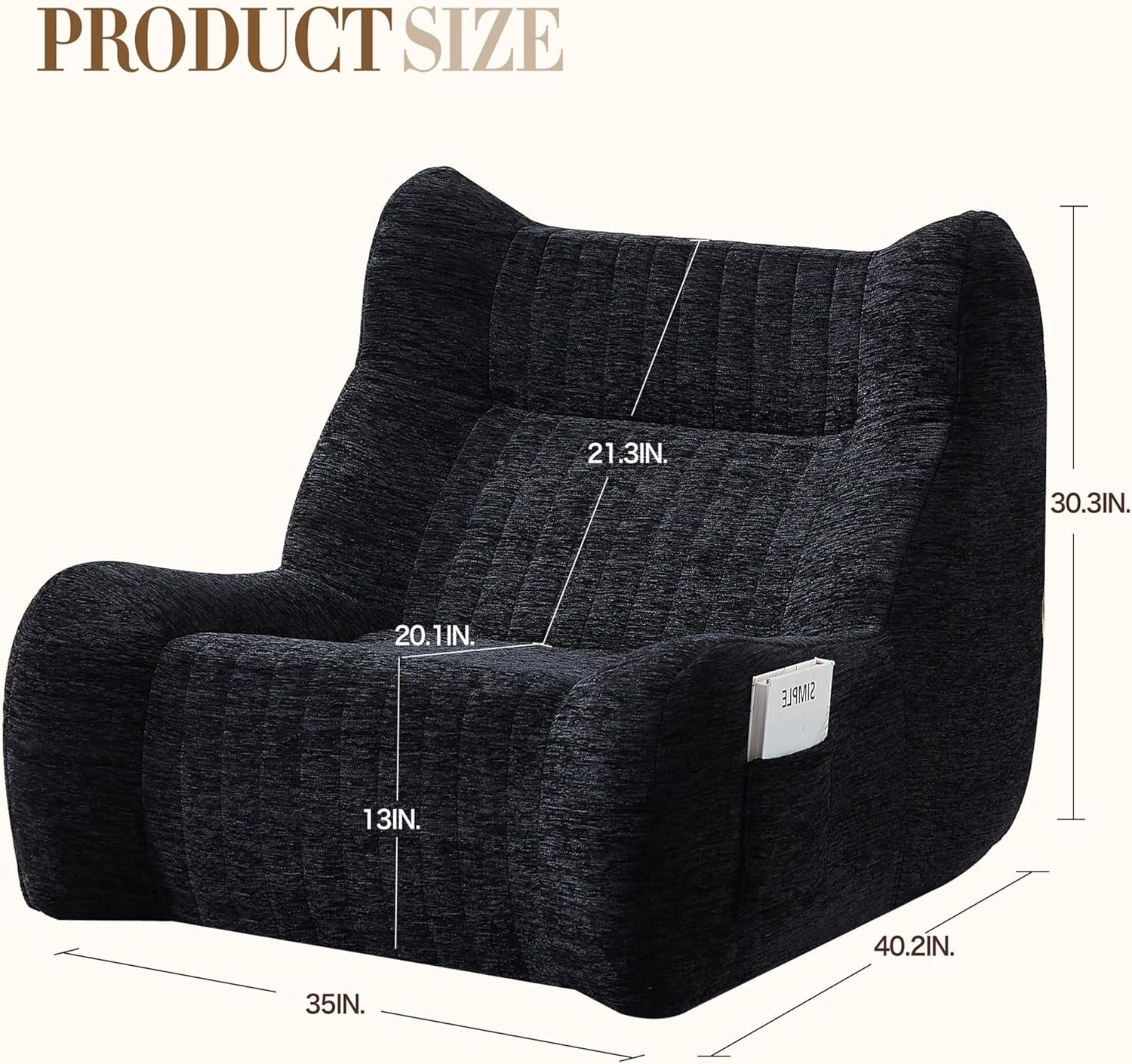 Oversized Bean Bag Chair with Armrests & Pockets - Comfy Lounge Sofa, Black gallery