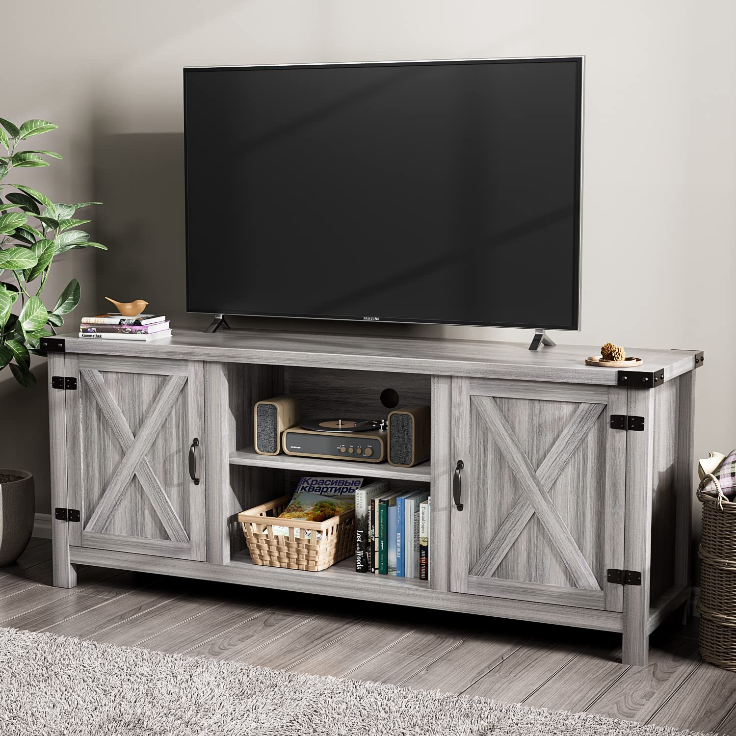 Modern Farmhouse TV Stand with Two Barn Doors and Storage Cabinets for Televi... gallery