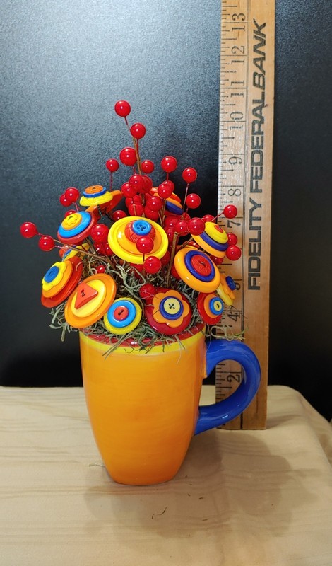 Bright Button Bouquet in Orange Coffee Mug. Red, orange, yellow. fun and playful gallery