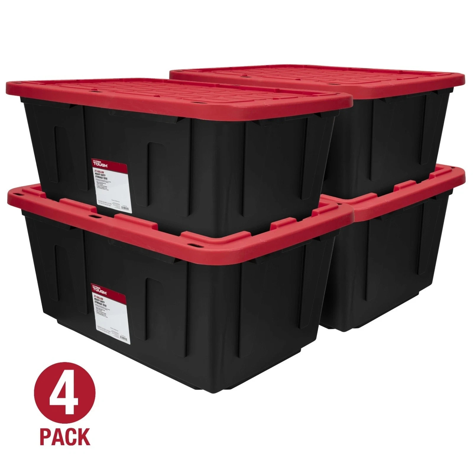 Hyper Tough 27 Gallon Heavy Duty Storage Bin - 4 Pack with Snap Lids, Black/Red gallery
