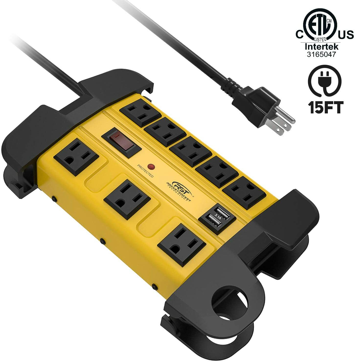 CRST 8 Outlets Heavy Duty Power Strip With 2 USB 1350J Surge Protector 15FT Cord gallery